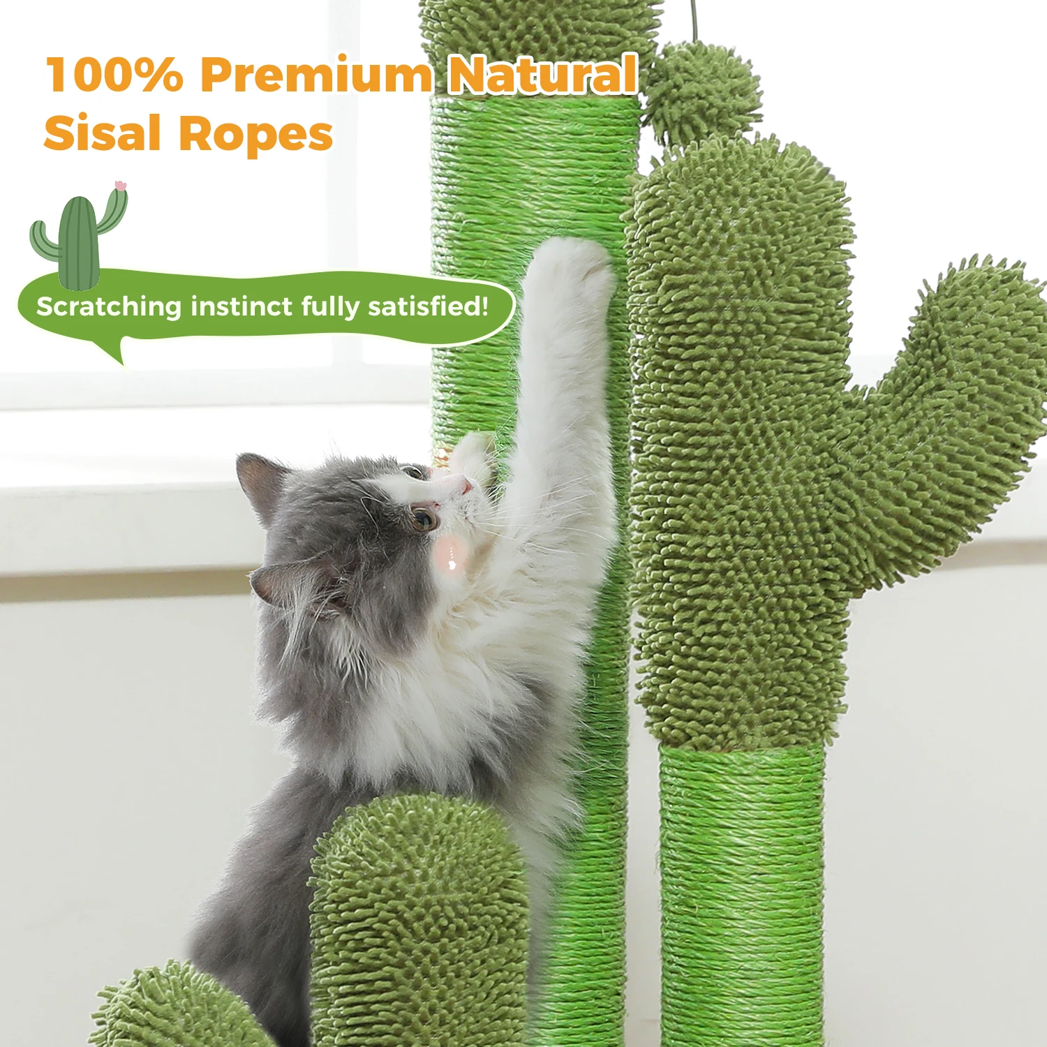 Cactus Cat Scratching Post for Indoor Cats Tall Cat Scratcher with 3 Sisal Scratching Poles Interactive Dangling Ball Cat Toys - view 3