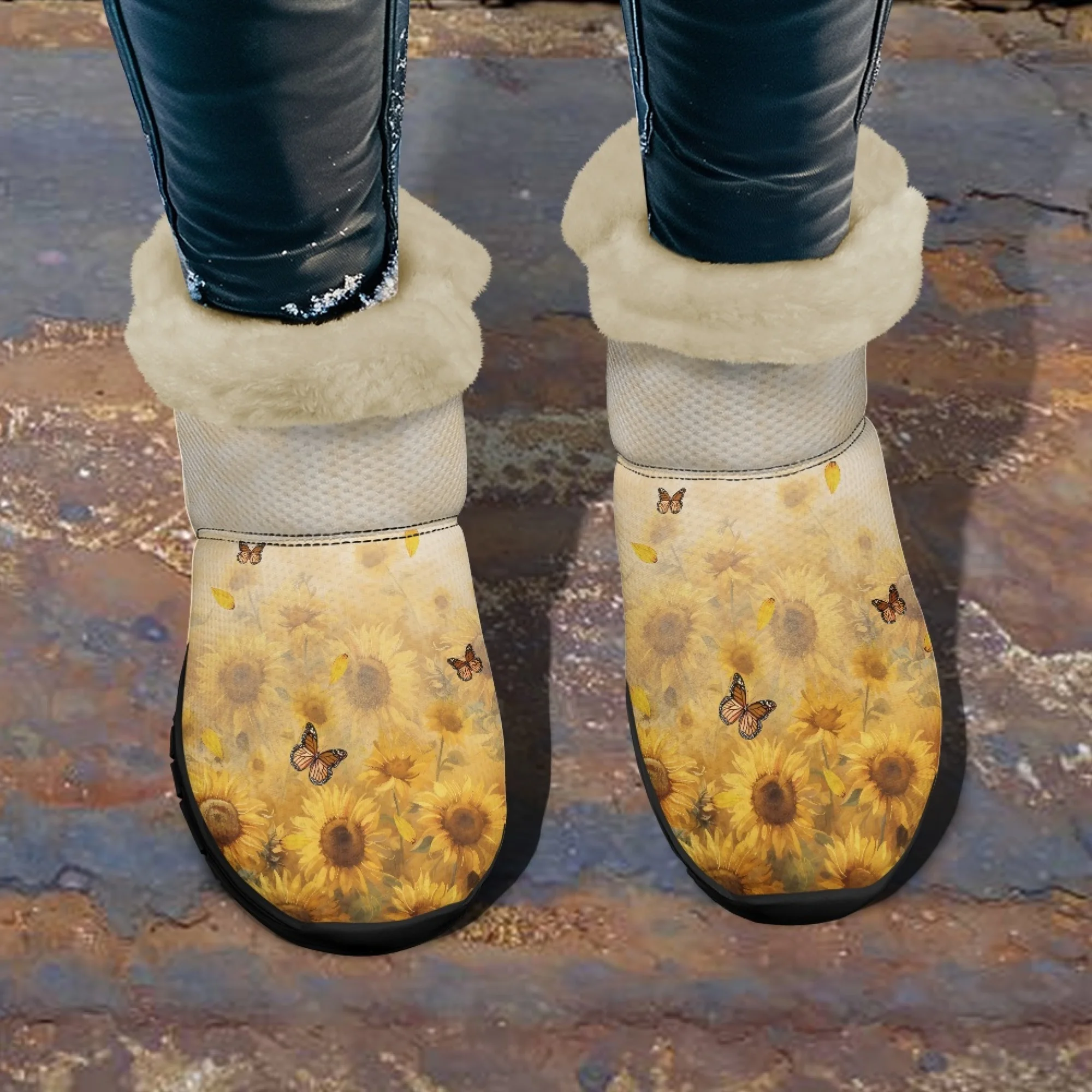 

INSTANTARTS теплые зимние мягкие ботинки с принтом подсолнечника и бабочки, женская зимняя меховая обувь, удобные повседневные короткие плюшевые желтые ботинки