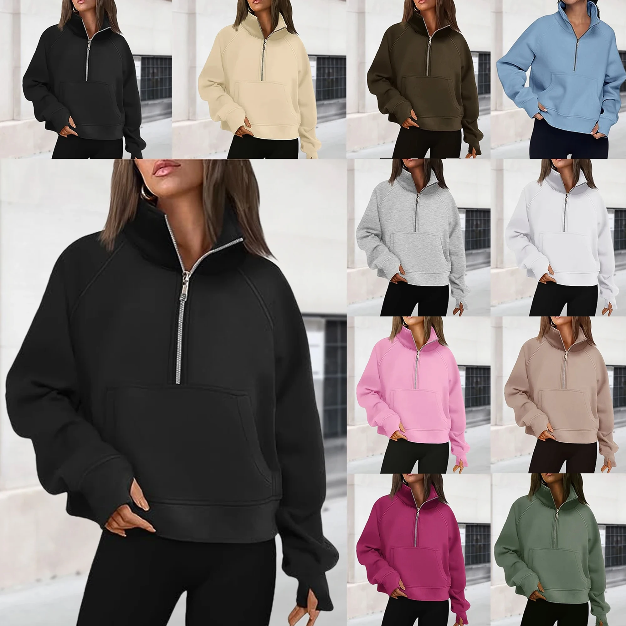 Womens Sweatshirts Half Zip Cropped Pullover Fleece Quarter Zipper Hoodies Fall outfits Clothes Thumb Hole