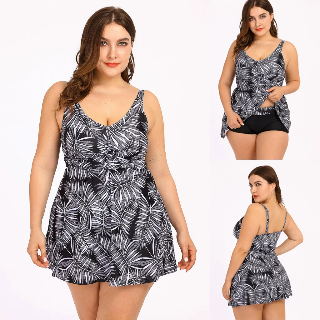 Boho Vintage Swimsuit Women Classic Two Piece Leaves Print Dress Swimwear Sling Tankini Sets Bathing Suit Hawaiian Beachwear