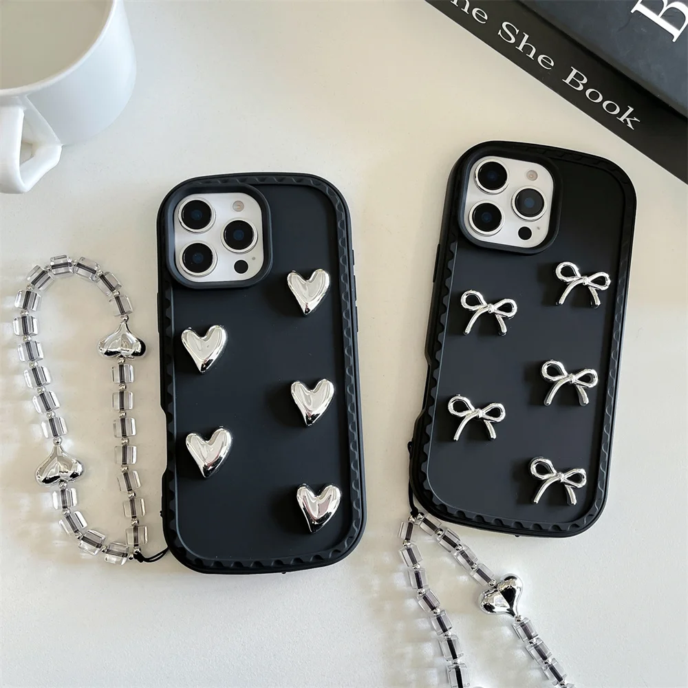 

For iphone 16 15 14 13 12 Pro Max Dustproof Charging Port Phone Case 3D Love Heart Bow Rope Strap Protective Cover