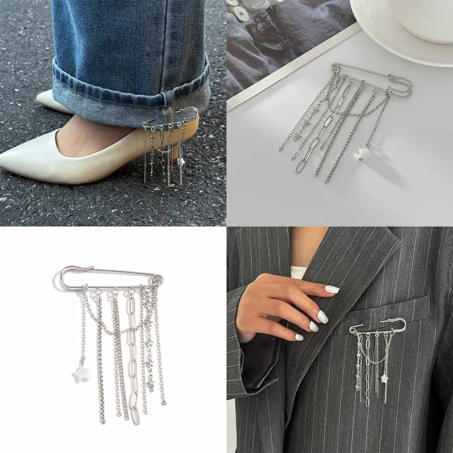 Ins Metal Chain Tassel Pin Brooch Design Sensation Pebble Rivet Leg Chain Shortening Decoration