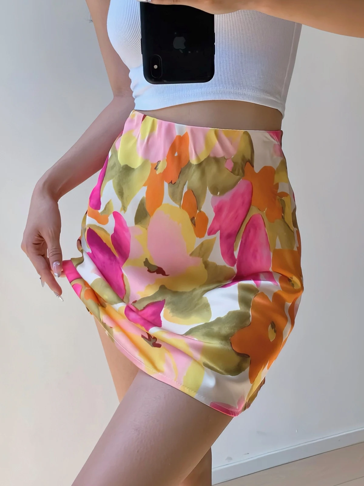 Women Spring/summer New Small Fresh Sweet Niche Print Slim Unlined A-line Short Skirt High Waisted Wrap Buttocks Mini Skirt D399