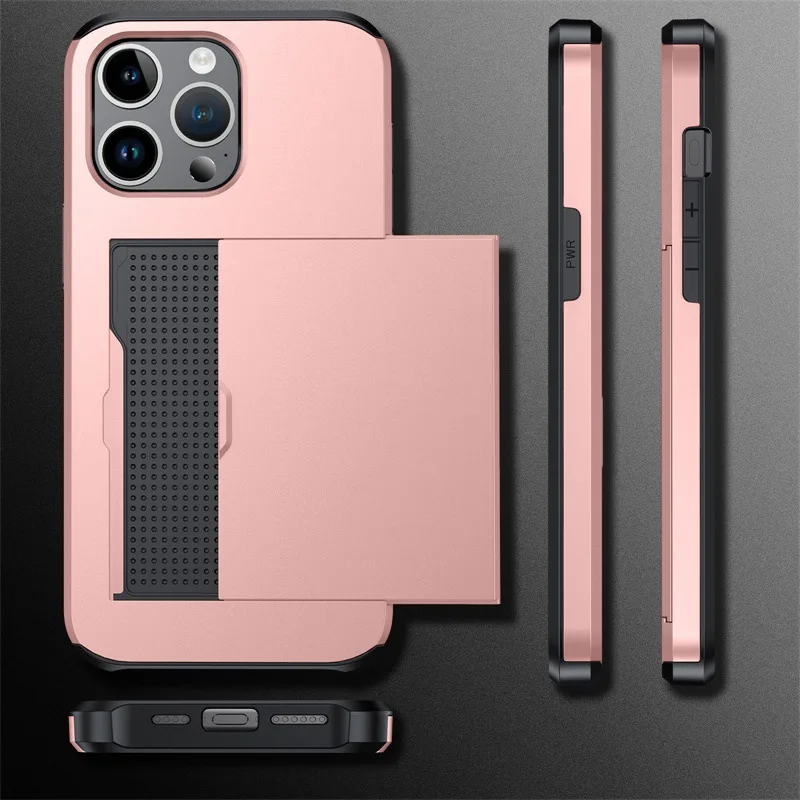 Slide Card Slot Phone Case For iPhone 15 Plus Pro Max 15+ 15Pro 15ProMax Shockproof Card Bag Back Cover Shell Capa image 3