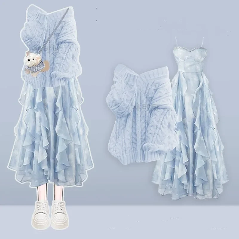 

Women's Winter New Fashion Knitted Sweater+Sexy Strap Skirt Two Piece Suit Korean Elegant Vintage Pullover Dress Matching Set