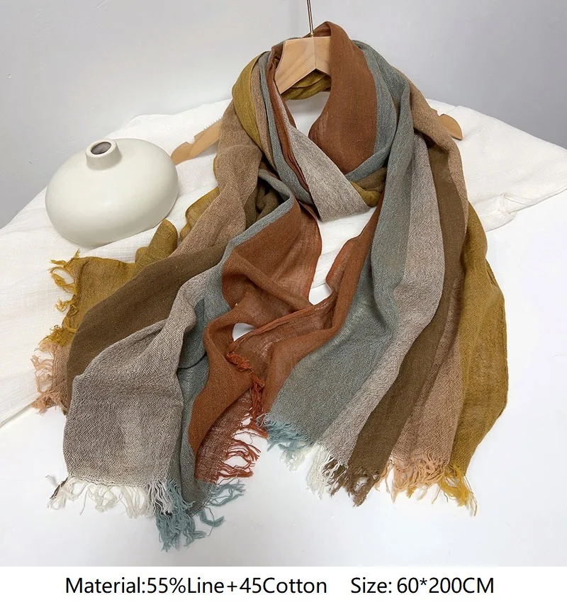 Cotton and Linen Striped Contrasting Color Autumn and Winter Women's Artistic and Elegant Style Scarf
