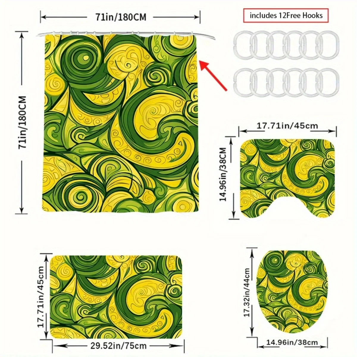 4pcs  Vibrant Swirl Pattern Shower Curtain & Non-Slip Bath Mat Set - Green & Yellow Abstract Design, Polyester, Machine Washa