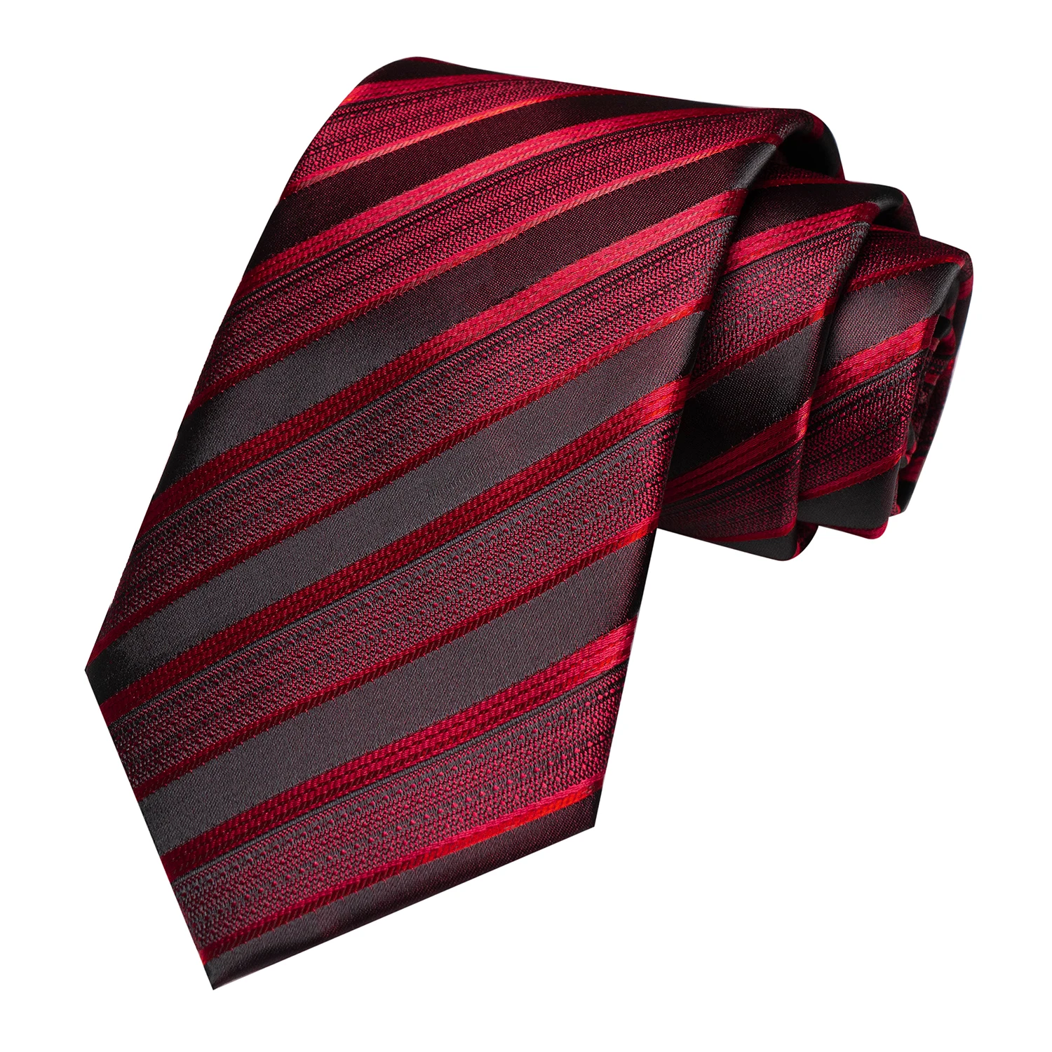 Weinrote gestreifte Seidenkrawatte für Herren, Einstecktuch, Anstecknadel, Manschettenknöpfe, Krawattenklammer-Set, Designer-Krawatte für Hochzeiten, Geschäftsfeiern und Events. – Detail 1