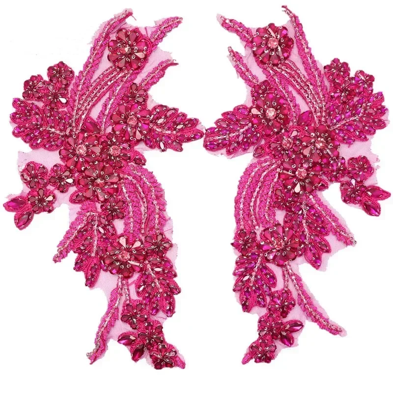 1Pair Multi-color Hand-sewn Glass Drill Mirror Flowers Sparkling Rhinestone Coats Waistbands Shoulders Wedding Dress DIY Patch