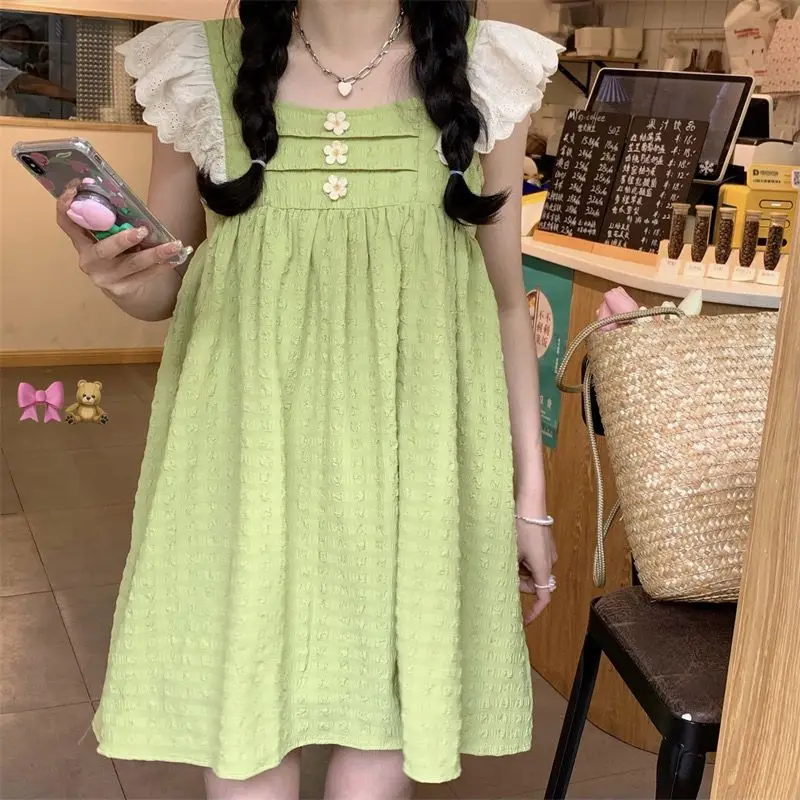 Sweet Lace Flying Sleeve Midi Dress Spliced Summer New Folds Stylish Floral Women\'s Clothing Casual Square Collar Loose Dresses