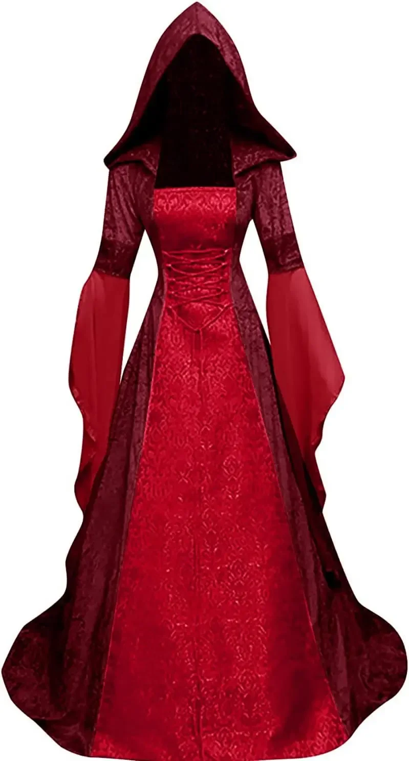 

Women Deluxe Witch Dress Costume Vintage Embroidered Renaissance Gothic Hooded Vampire Cosplay Party Gown Dress