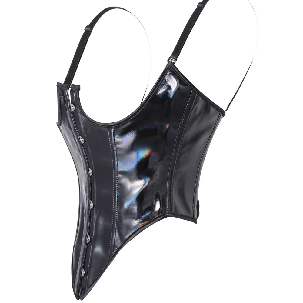 Womens Black Shiny Corset Top Gothic Bustier Holographic Lace Up Waist Cincher Party Clubwear Sexy New for Women Fashion