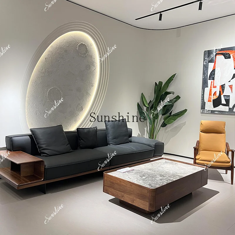 Living room solid wood new Chinese leather art light luxury high-end three-person sofa simple and modern  FT