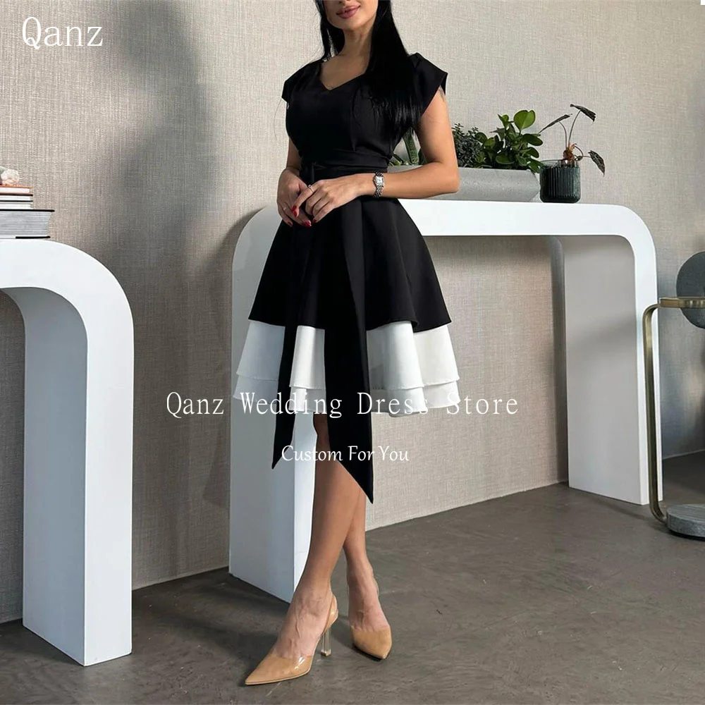 

Qanz Short Black Prom Dresses V Neck Modest Cocktail Dresses Satin A Line Elegant Vestidos Para Eventos Especiales Customized