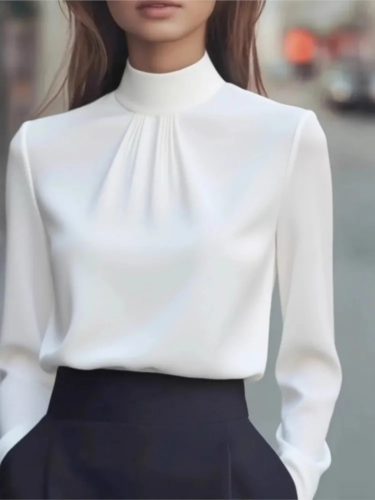 

Fashion Solid Shirt For Women Elegant Long Sleeve Stand Neck Pullover Shirts Tops Lady Office Chic High Street Women's Clothing
