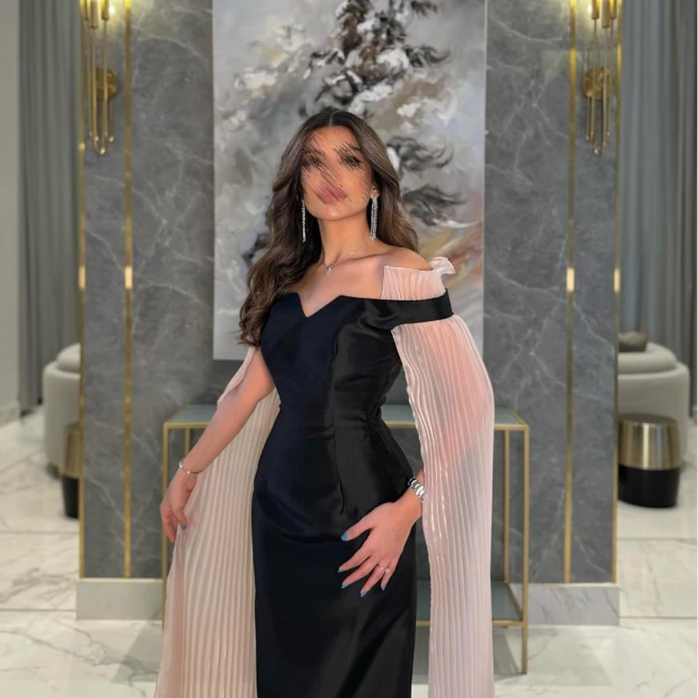 Customized Fashion Luxury Black Satin Long Women Evening Dresses Straight Floor Length Off Shoulder With Cape Party Gown Elegant