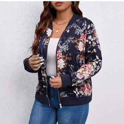 Women Floral Bomber Jacket Coats Vintage Long Sleeve Zip Up Jackets Autumn Casual Stand Collar Short Coat Female Outerwear Tops