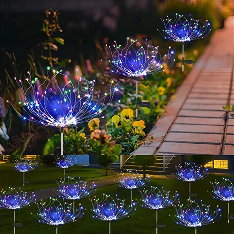 

90 LED Warm white Solar plug in ground fireworks lamp dandelion LED strings outdoor yard garden Christmas New year holiday decor