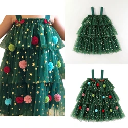 Little Girls Christmas Dress Star Print Lace Layered Tulle Sundress Themed Party Dress with Plush Decor for 1-6T