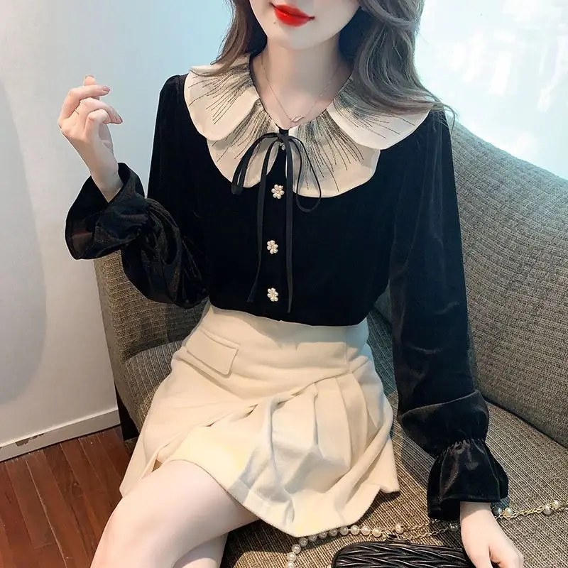 Fashion Spliced Beading Lace Up Princess Sleeve Shirts Female Clothing 2023 Autumn New Korean Tops Peter Pan Collar Blouses