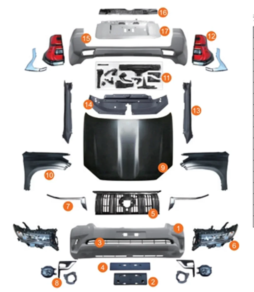 

Front & Rear Bumper Surround Kit Face Mask Grill Headlight for Toyota Prado 2010-2017 upgrade to 2018