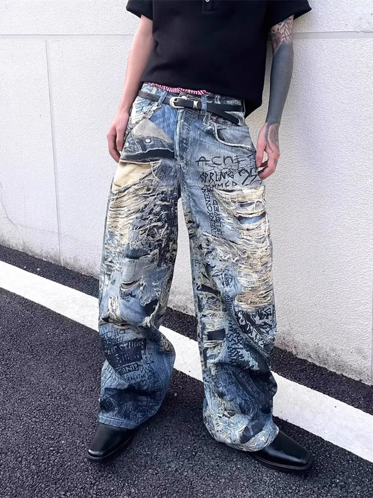 

2025 Американская уличная одежда в стиле ретро Y2K, мешковатые рваные джинсы с 3D принтом, брюки для мужчин, одежда, широкие джинсовые брюки Pantalon Homme