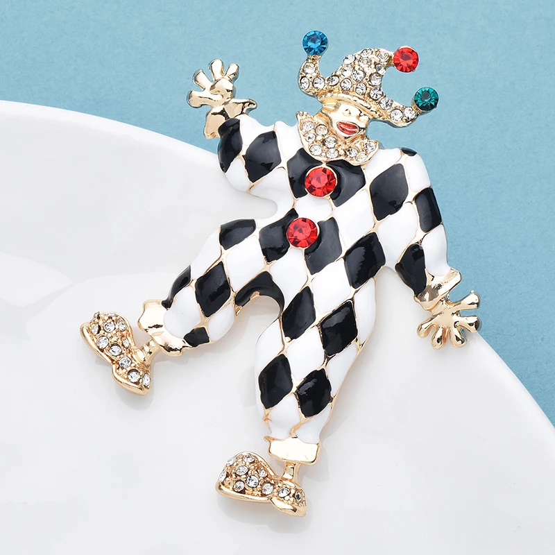 Wuli&baby Multi Color Crystal Clown Brooch For Fun Collection Enamel Walking Joker Jewelry Pins Gift