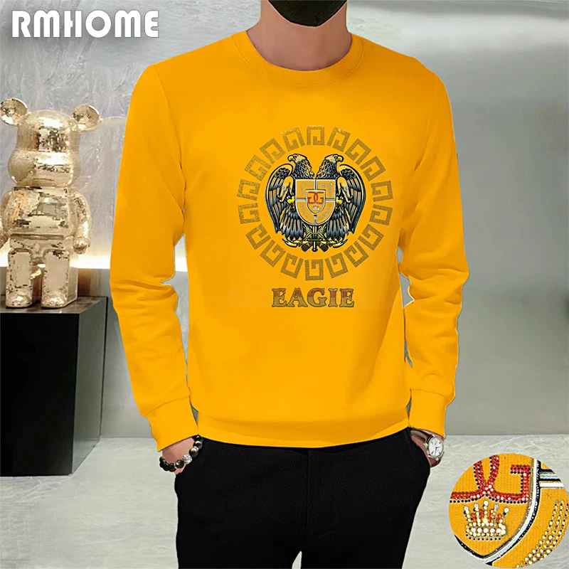 Trendy Fashion Men's Sweater Hoodies Sequin Print Eagle O-neck Long Sleeved T-shirt Pullover High-quality Male Autumn Clothing