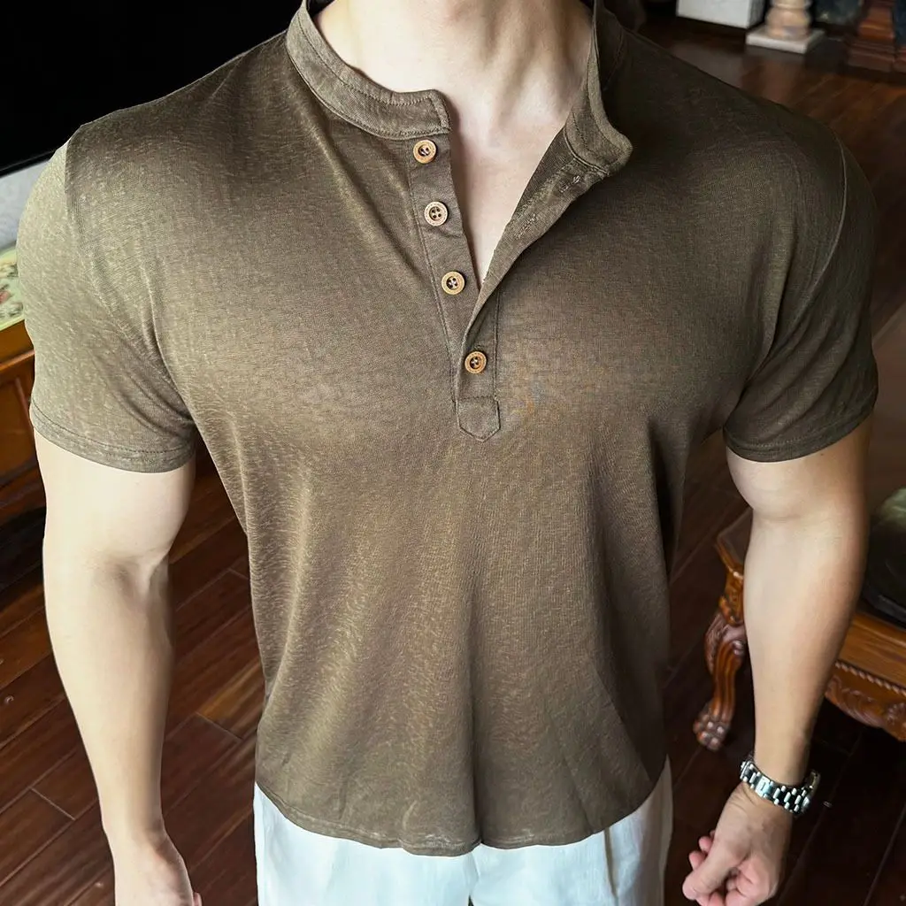 Men's Summer Lyocell Tencel Henley Shirt, Cooling Soft Skin-friendly Breathable Fabric, American Solid Color Muscle Tee.
