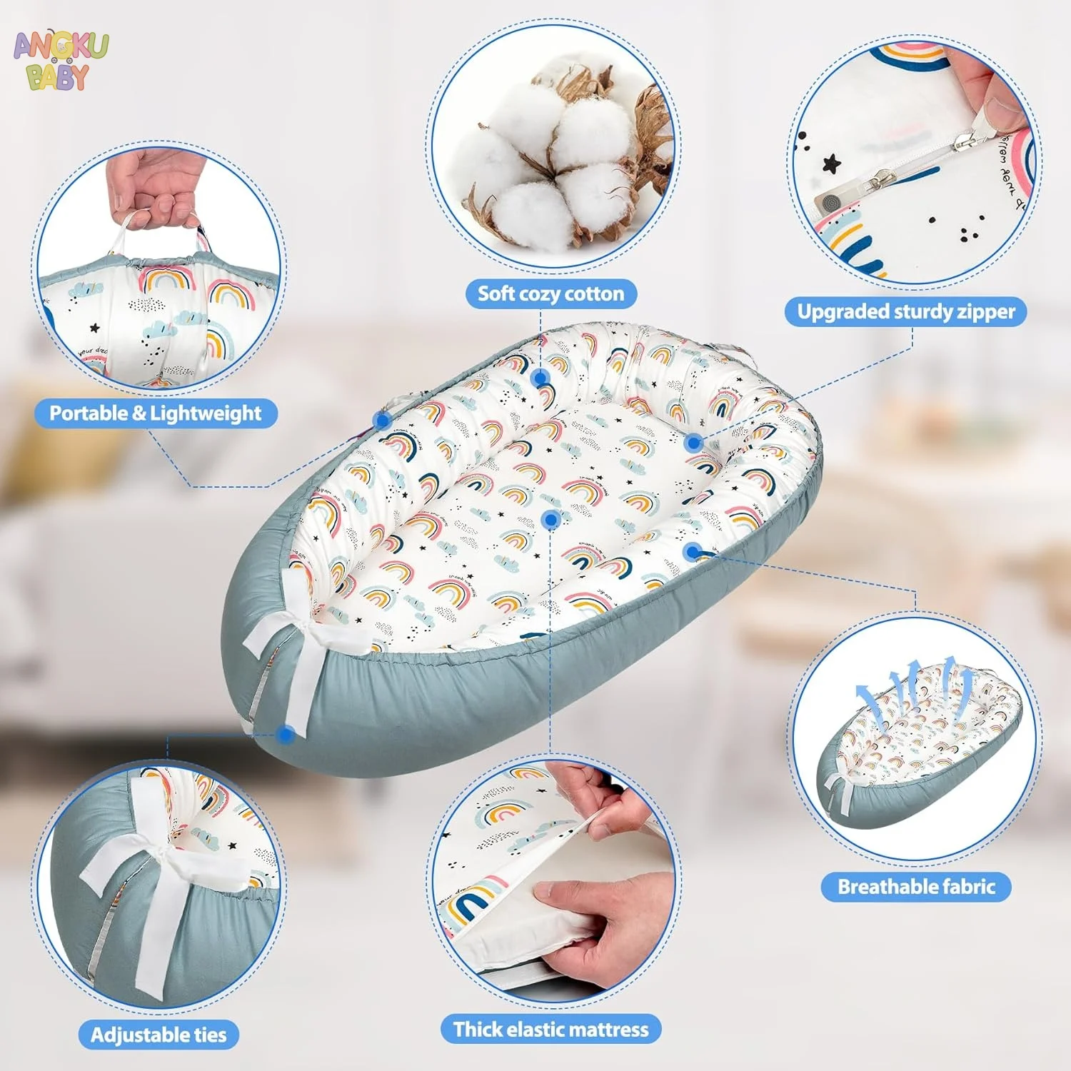 عش الطفل القابل للفصل لحديثي الولادة 0-12 شهر 100% عش الرضع القطن للبنين والبنات كرسي أطفال قابل للتنفس مناسب للمنزل والسفر #4