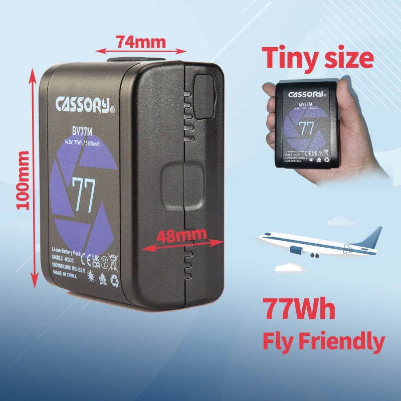 بطارية CASSORY BV-77M V Mount مع جيب صغير على شكل حرف D، بطاريات كاميرا بقفل 77 وات في الساعة لكاميرا الفيديو