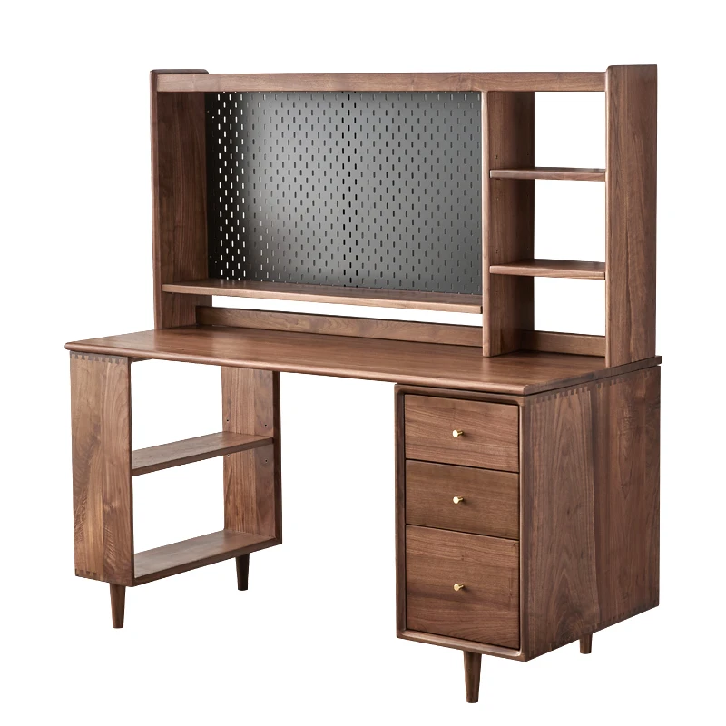 

Скандинавский компьютерный стол из цельного дерева, учебный стол, двойной стол из черного ореха, комбинация книжной полки, простая современная учебная мебель