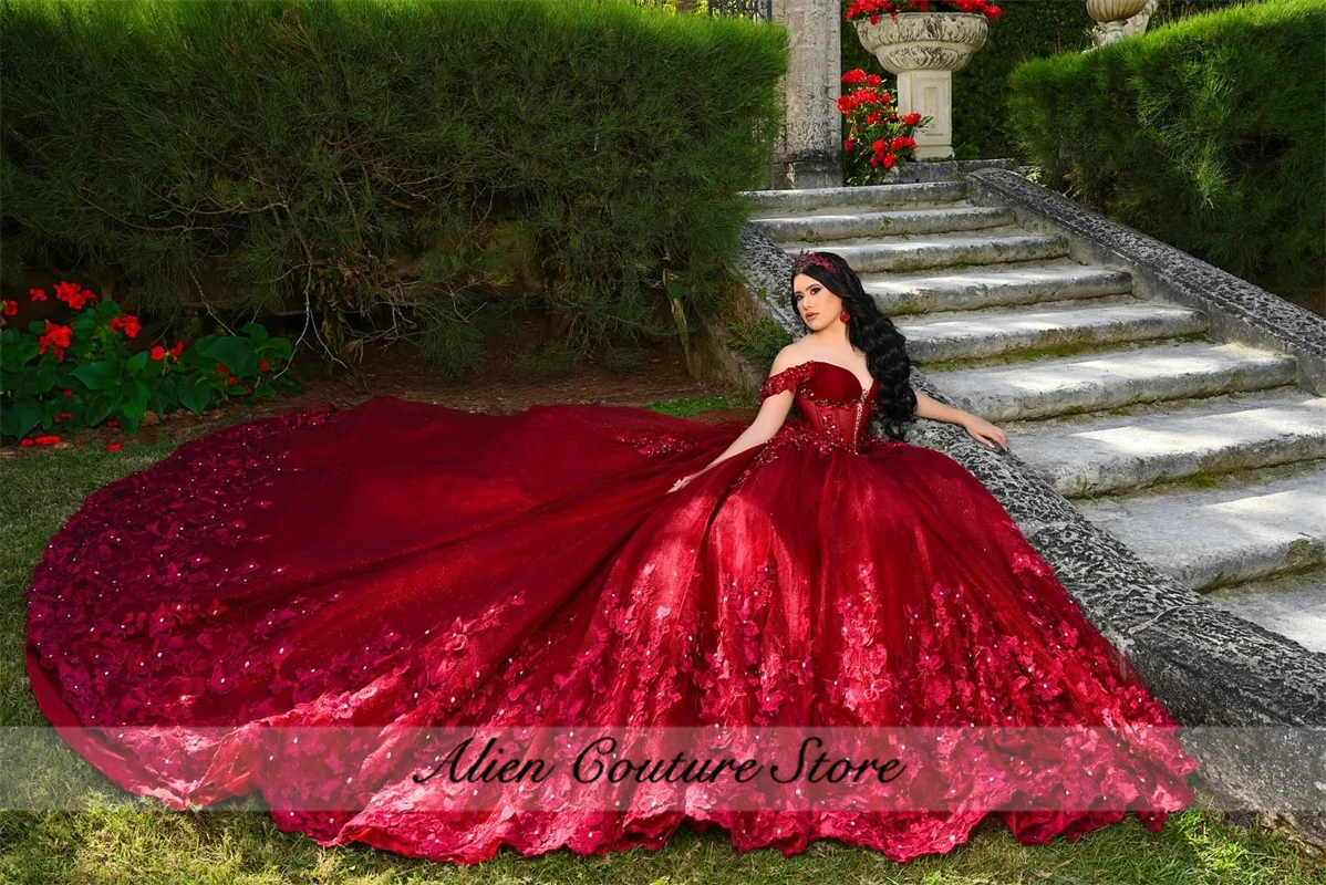 Luxury Red Princess Ball Gown Quinceañera Dresses Beads Flowers Appliques Crystal Birthday Party For 15th Girls Customized image 6