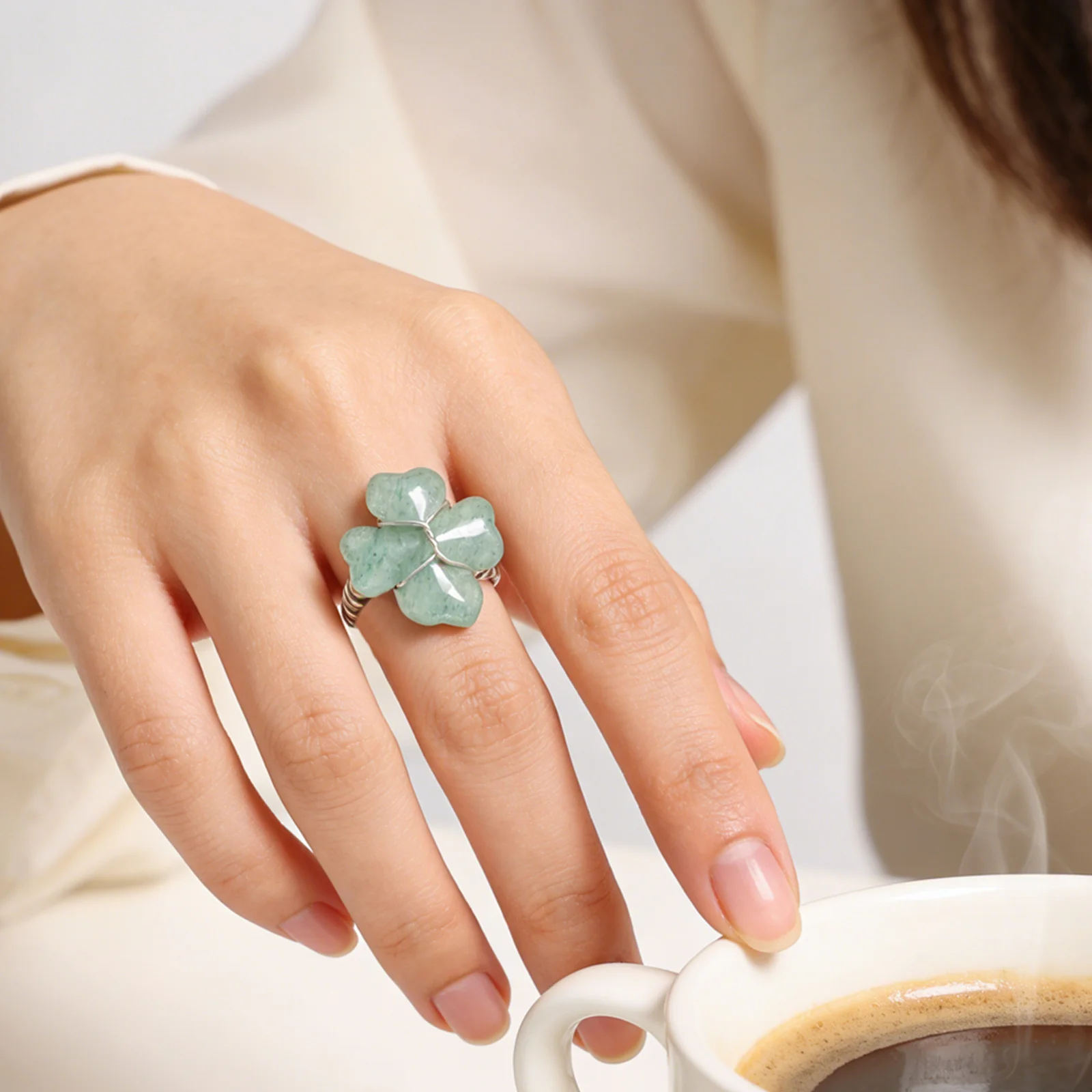 

Clover Ring Women's Green Four Leaf Crystal Jewelry Dainty Lucky Gift for Her Valentine's Day Birthday Anniversary Handmade