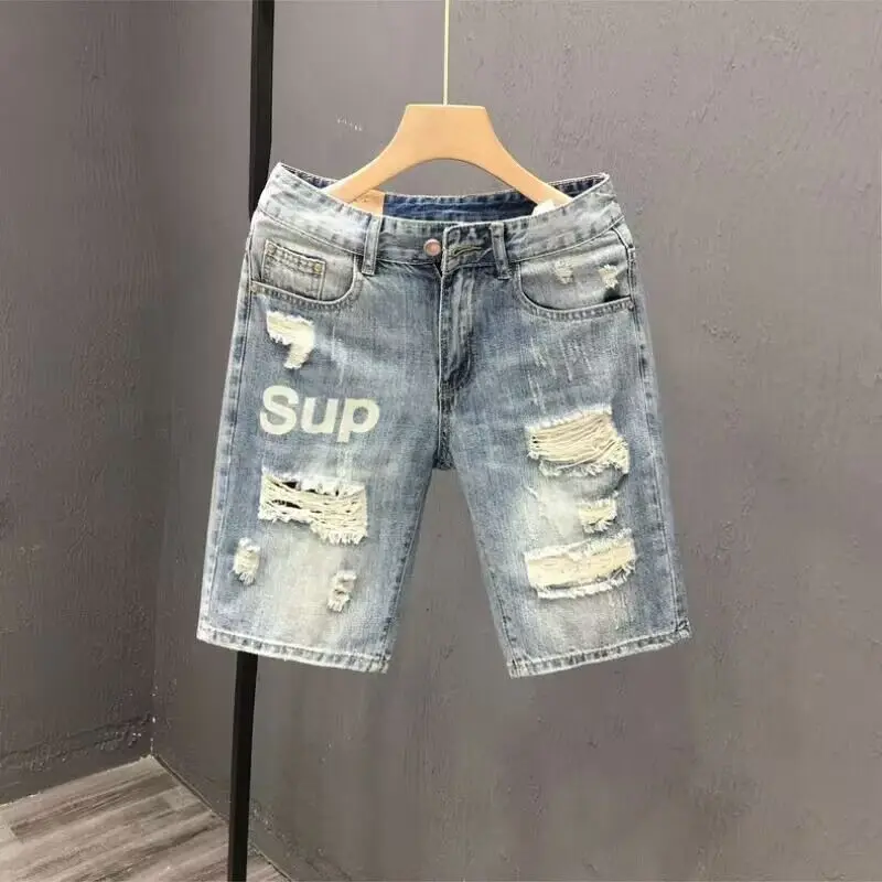 

Korean Fashion Mens Clothing Ripped Letter Printed Summer Luxury Casual Destroyed Boyfriend Knee Length Denim Shorts for Men