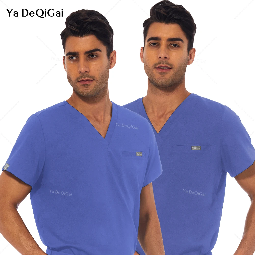 

Deep skyblue Medical Scrubs Tops Men Scrubs Shirts Doctor Workwear Nurse Uniforms Nursing Clothes Surgical Overalls Lab Blouse