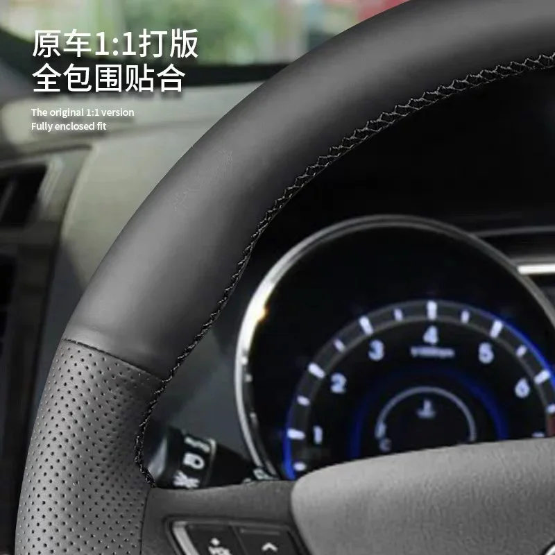 For Hyundai Sonata 8TH 2011-15 Black Leather DIY Hand Sewn Steering Wheel Cover Interior Handle Cover