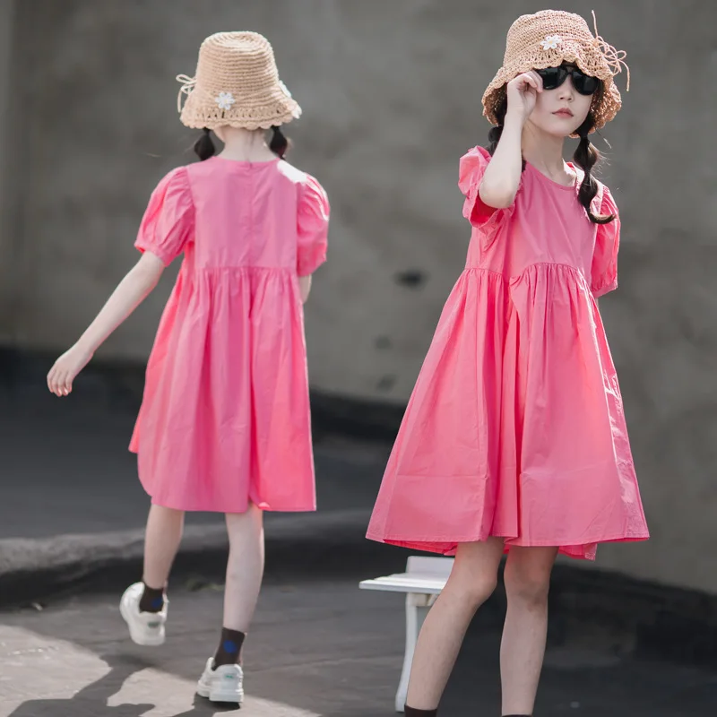 

2025 Korean Summer Children Girl Dress Teenager Girl Bubble Sleeve Striped Princess Dress School Girl Pink Bear One-piece Dress