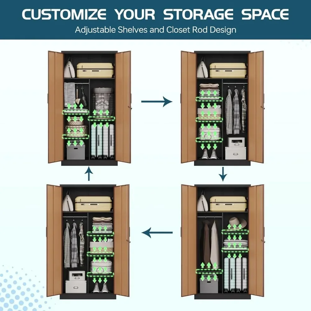 Metal Wardrobe Cabinet with Locking Doors, Metal Storage Armoire Closet for Clothing, 2 Door Woodgrain with Adjustable Shelves