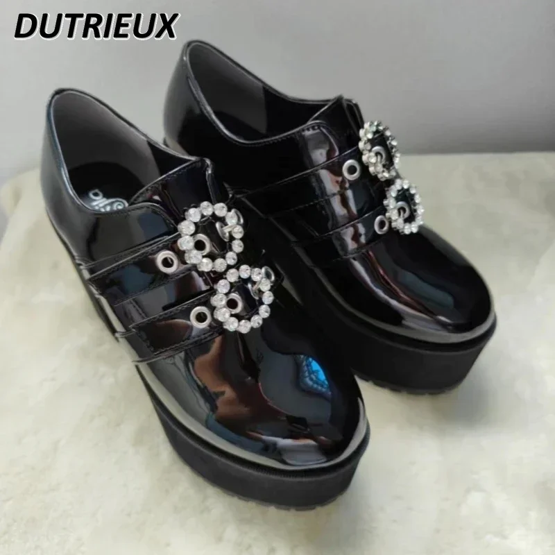 Japanese Cute Mine Series Round Drill Buckle Platform Heels Deep Mouth Patent Leather Student High Heels Uniform Women\'s Shoes