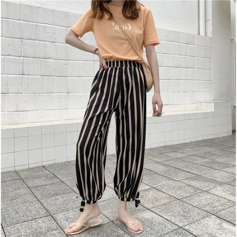 2024 Summer Trend Fashion Loose Casual Oversized Ultra-thin and Comfortable High Waisted Striped Hooded Lantern Pants for Women