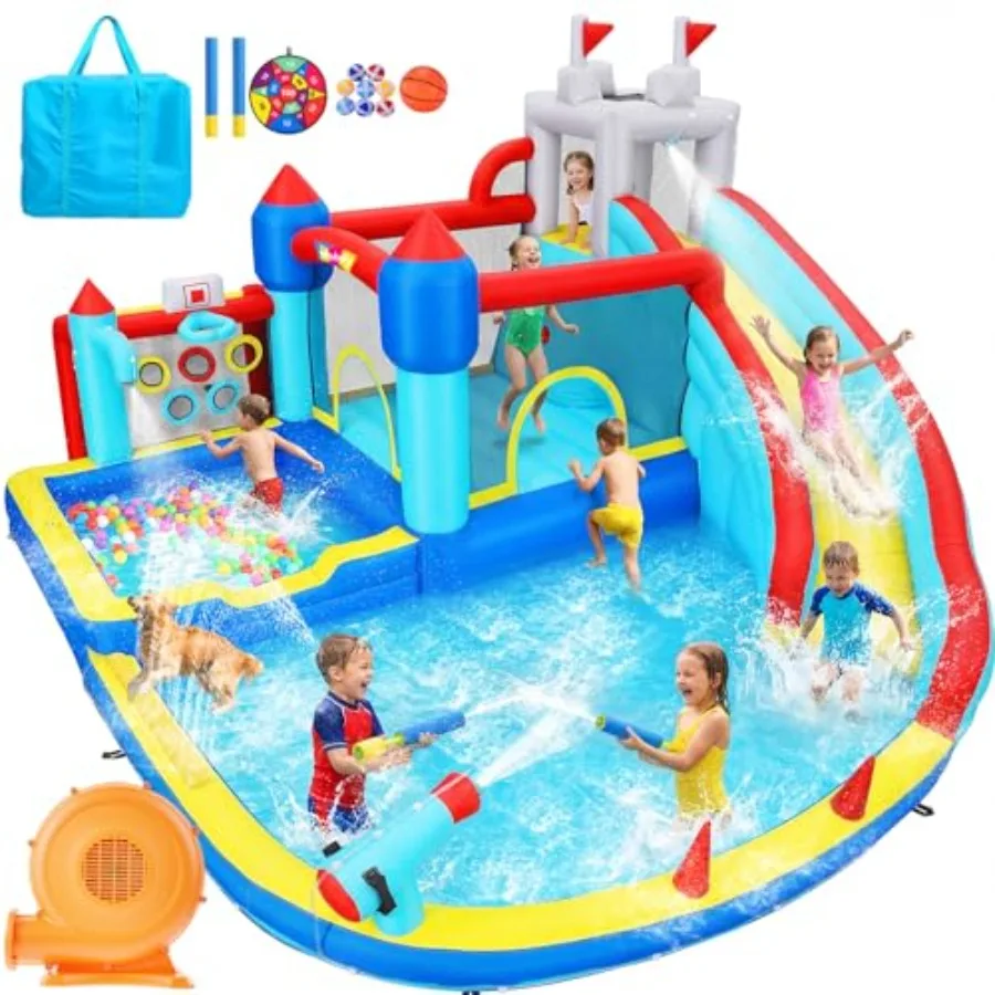 

Надувной аквапарк 15x14.5 футов, 13-в-1, с батутом, 750-ваттным вентилятором, для двора, бассейна, футбольных ворот и 5-отверстной мишенью для метания мячей