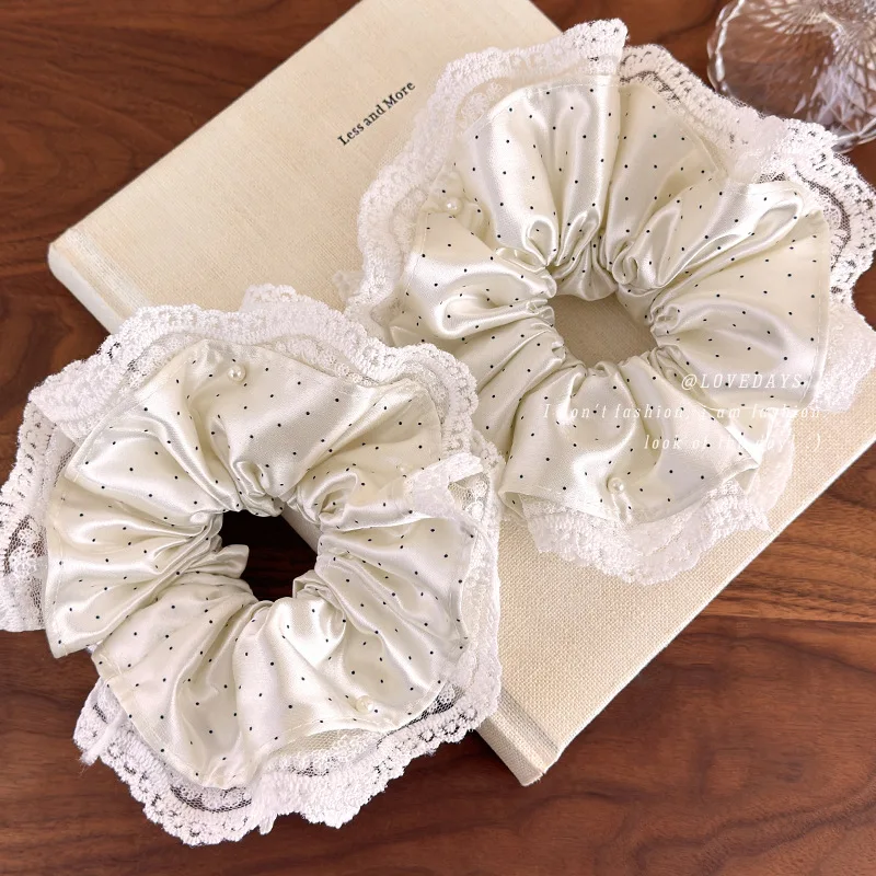 

1pc Extra Large Scrunchy White Polka Dot Lace Bow Hair Tie for Women Bun Ponytail Holder Korean Elegant Fashion Hair Accessory