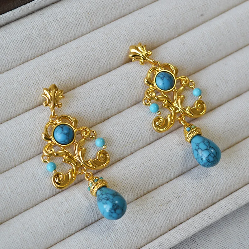 Golden baroque Byzantine turquoise elegant exaggerated long pendant earrings for women