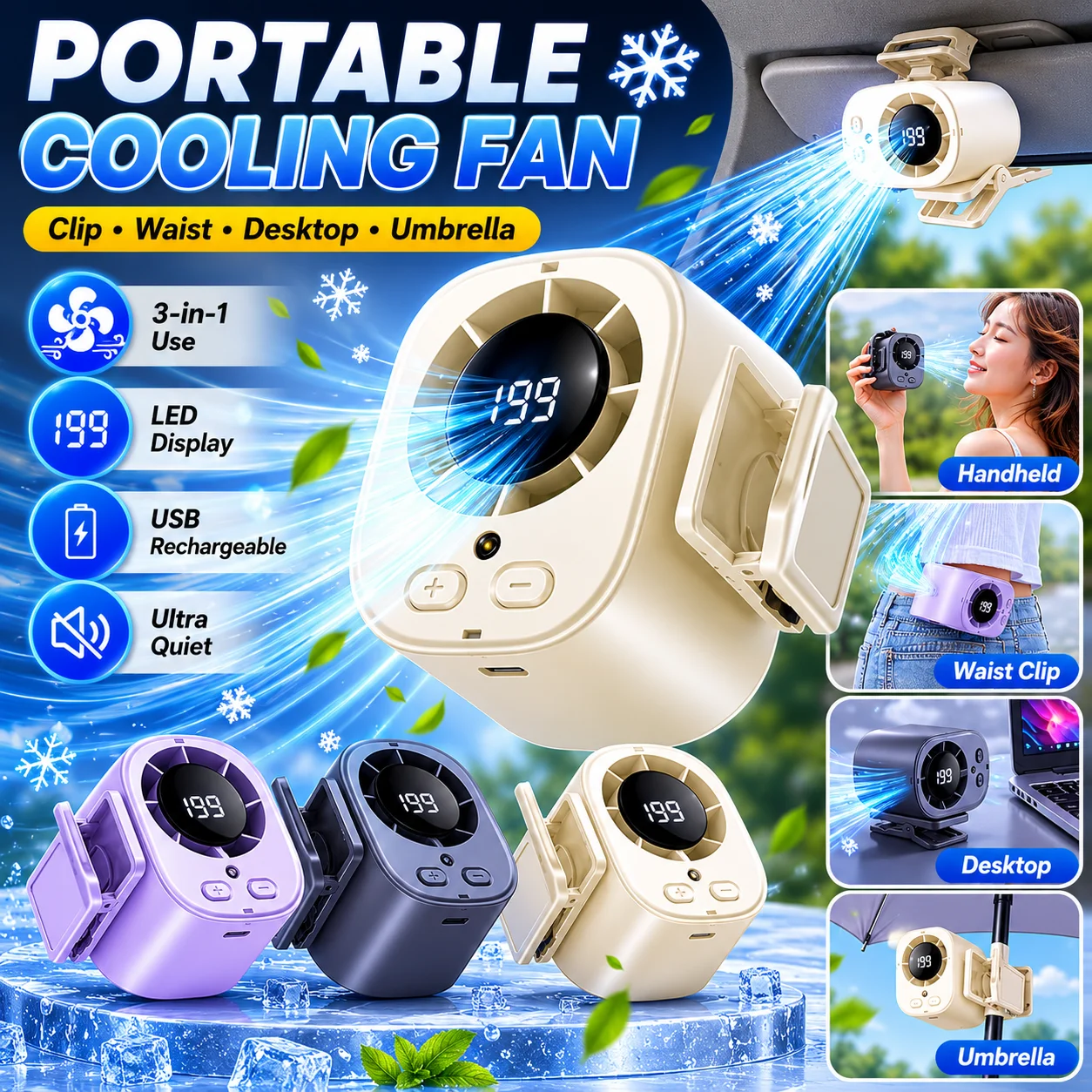 Strong Wind Clip On Waist Fan With Smart Digital Display Rechargeable Personal Cooling Fan Long Lasting Battery For Car Outdoor