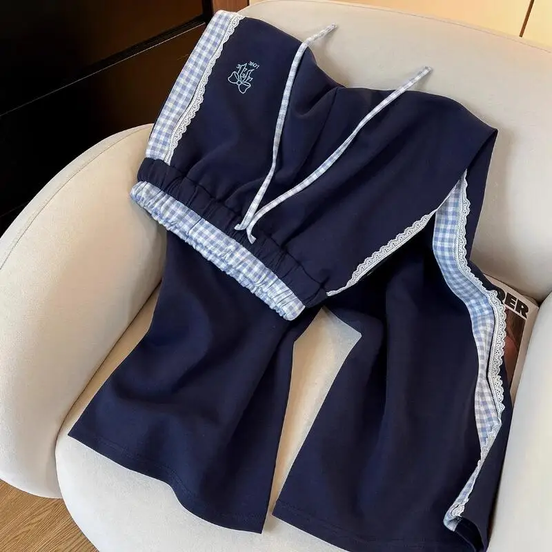 Fashionable Women's Checkered Pants with Korean Lace Bow Print High Waisted Casual Pants New Loose Straight Leg Sports Pants