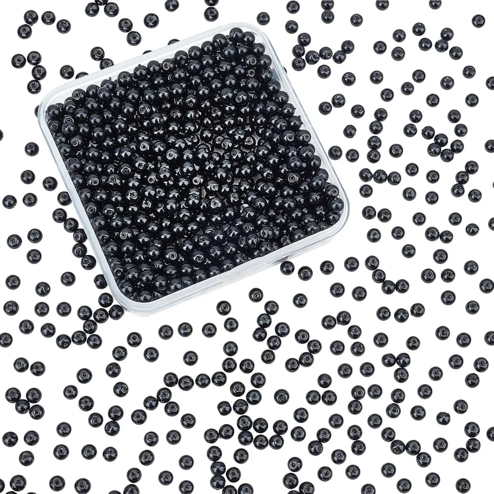 Black Glass Pearl Beads, 1000pcs 4mm Glass Pearl Beads Tiny Satin Luster Craft Bead Halloween Glass Beads for Earring Bracelet