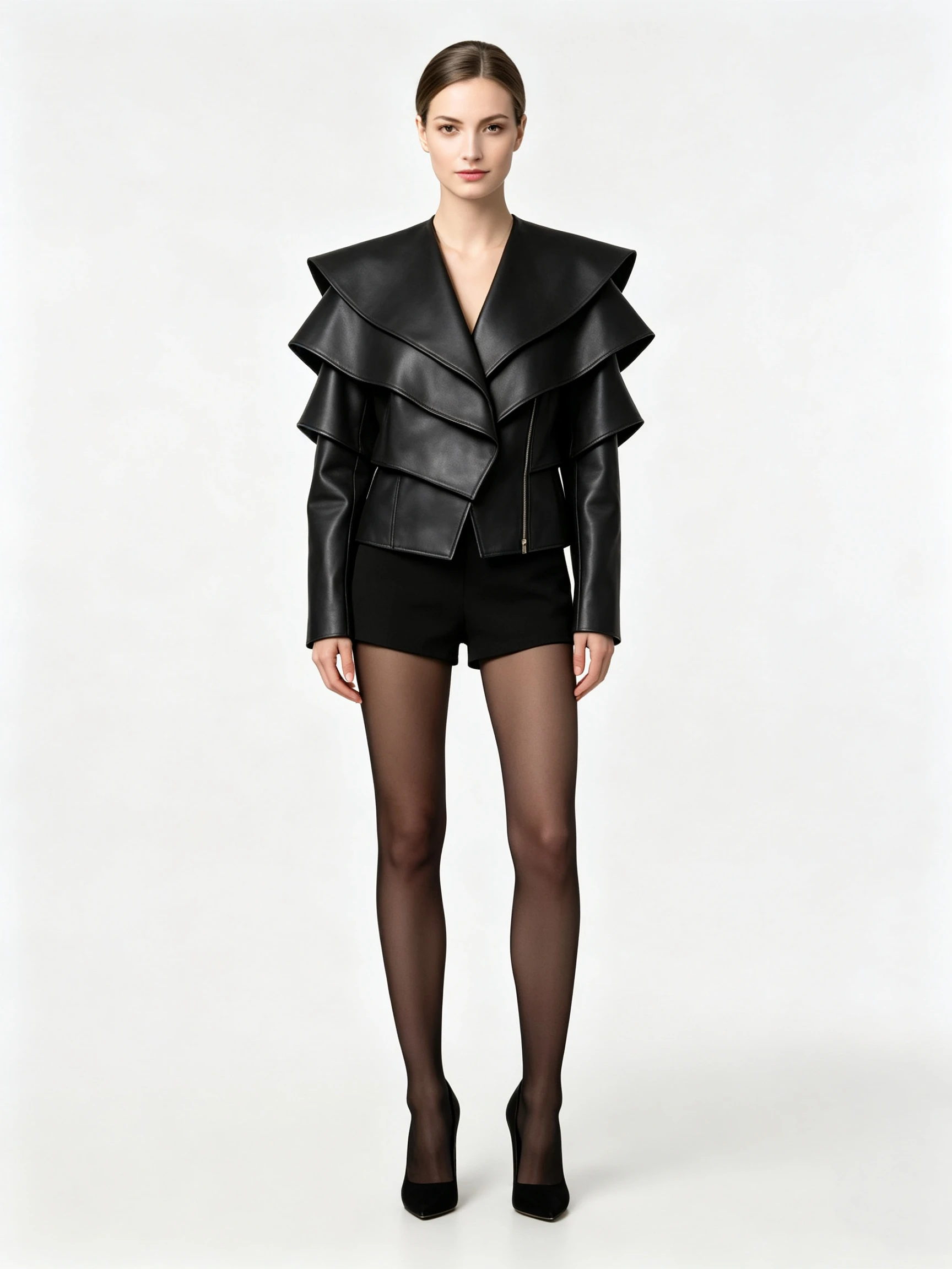 Women's Faux Leather Jacket with Oversized Tiered Ruffle Collar and Cropped Fit