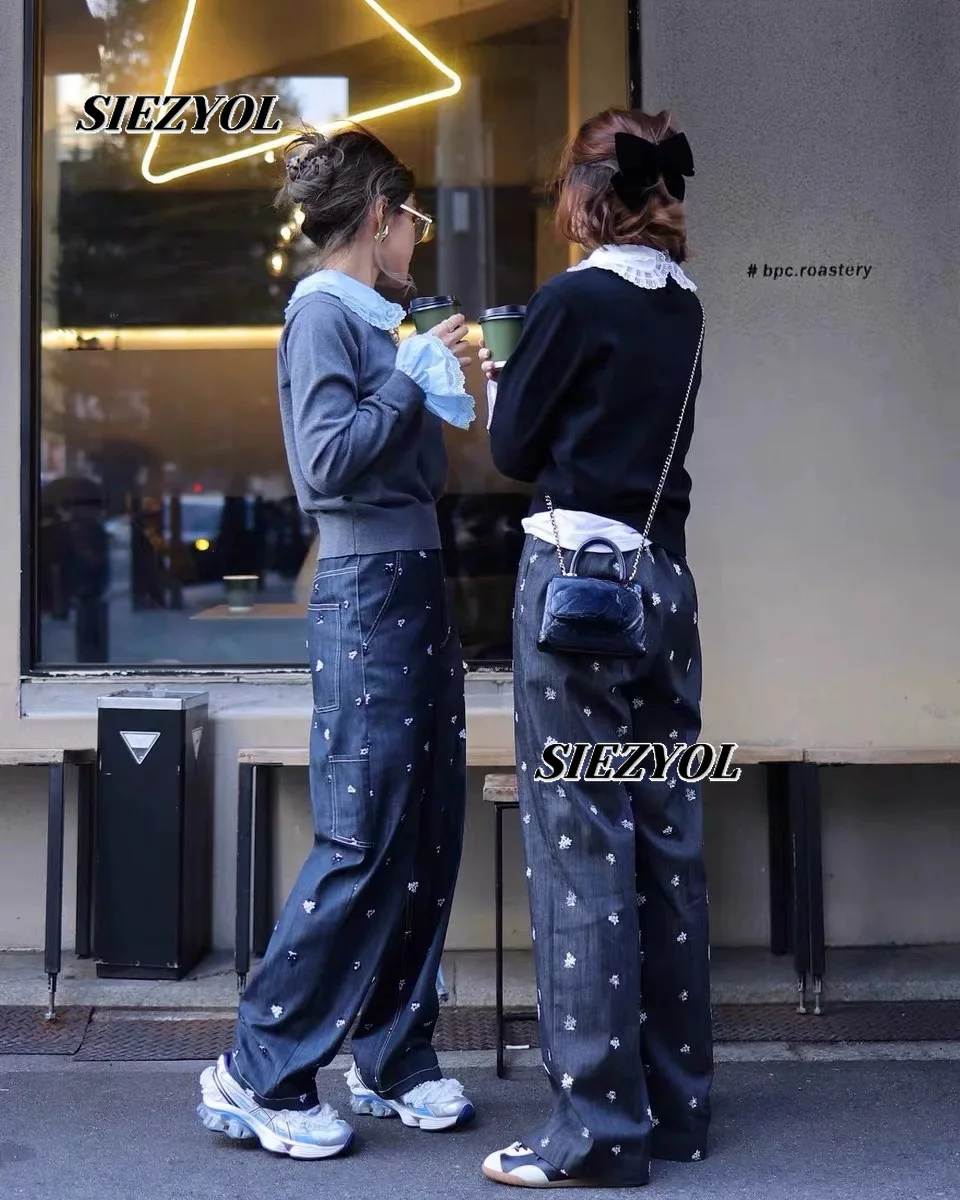 Japanese Style Exquisite Embroidered Casual Trousers New Spring/autumn Sweet Versatile High-waisted Straight-leg Pants for Women
