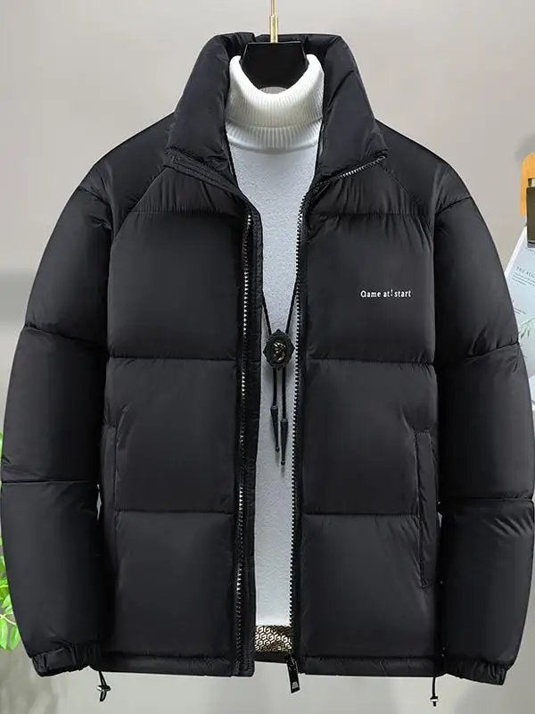 Winter Thickened Cotton Jacket Men's Hong Kong Style Bread Coat Trendy Brand Stand Collar Cottonwear Black Gold Loose Fit